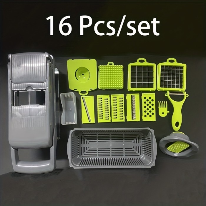 12\u002F16pcs\u002FSet, Vegetable Chopper, Multifunctional Fruit Slicer, Handle Food Grater, Vegetable Slicer, Cutter With Container, Onion Mincer Chopper With Multiple Interchangeable Blades, Household Potato Shredder, Kitchen Stuff, Kitchen Gadgets