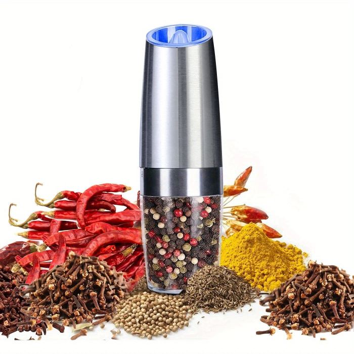 1\u002F2pcs Gravity Electric Pepper And Salt Grinder Set, Adjustable Coarseness, Battery Powered With LED Light, One Hand Automatic Operation, Stainless Steel Black 7.8inch\u002F2inch