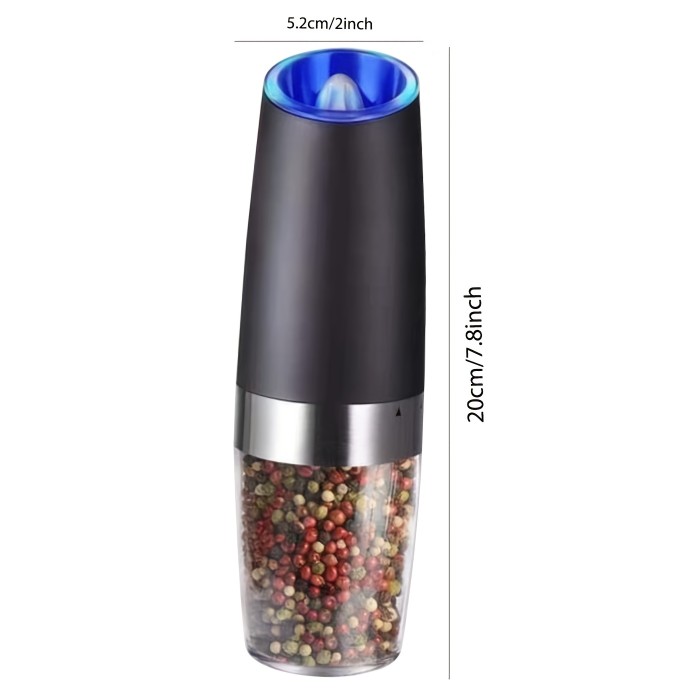 1\u002F2pcs Gravity Electric Pepper And Salt Grinder Set, Adjustable Coarseness, Battery Powered With LED Light, One Hand Automatic Operation, Stainless Steel Black 7.8inch\u002F2inch