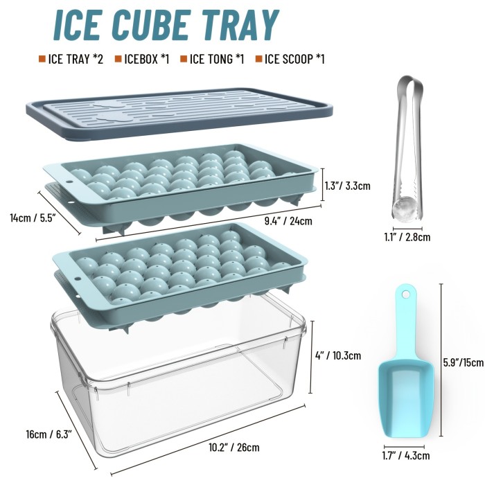 Ice Cube Tray, Round Ice Trays For Freezer With Lid And Bin, Circle Ice Mold Making 66 X 1.0IN Small Ice Balls,Sphere Ice Makers With Ice Buckets Tongs & Scoop