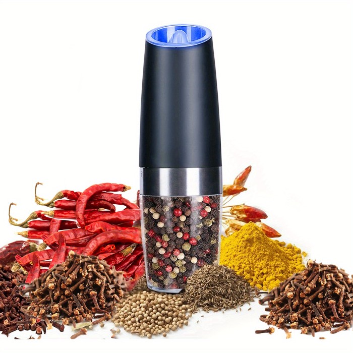 1\u002F2pcs Gravity Electric Pepper And Salt Grinder Set, Adjustable Coarseness, Battery Powered With LED Light, One Hand Automatic Operation, Stainless Steel Black 7.8inch\u002F2inch