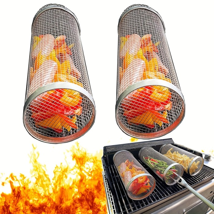 1\u002F2pcs BBQ Rolling Grill Basket, Stainless Steel Grilled Cage, Round BBQ Grill Mesh For Vegetable Fries Fish, Portable Barbecue Cooking Grill Net, Grilling Baskets For Outdoor Grilling, Outdoor Camping Grilling Rack, Camping Picnic Cookware