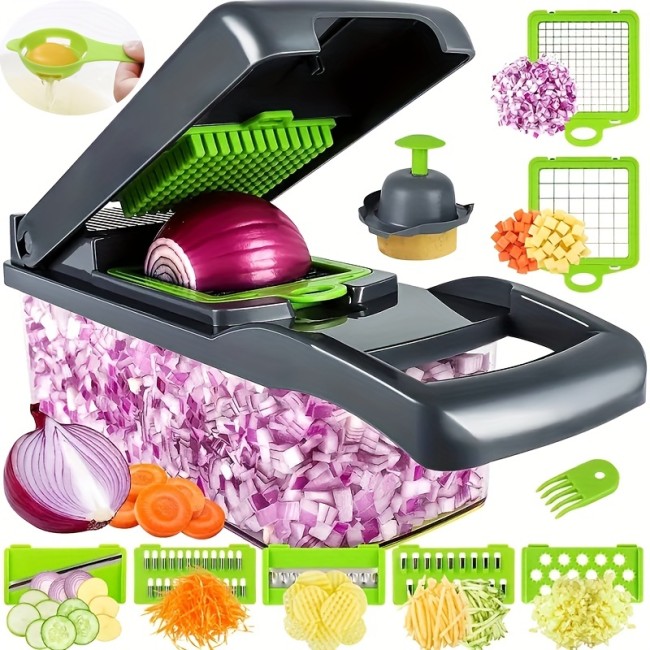12\u002F16pcs\u002FSet, Vegetable Chopper, Multifunctional Fruit Slicer, Handle Food Grater, Vegetable Slicer, Cutter With Container, Onion Mincer Chopper With Multiple Interchangeable Blades, Household Potato Shredder, Kitchen Stuff, Kitchen Gadgets