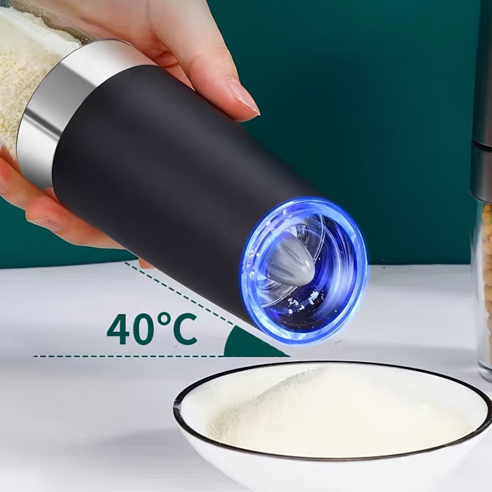 1\u002F2pcs Gravity Electric Pepper And Salt Grinder Set, Adjustable Coarseness, Battery Powered With LED Light, One Hand Automatic Operation, Stainless Steel Black 7.8inch\u002F2inch