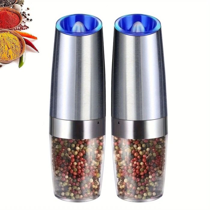 1\u002F2pcs Gravity Electric Pepper And Salt Grinder Set, Adjustable Coarseness, Battery Powered With LED Light, One Hand Automatic Operation, Stainless Steel Black 7.8inch\u002F2inch