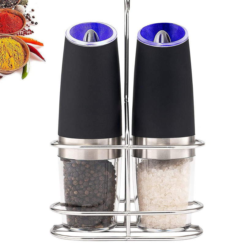 1\u002F2pcs Gravity Electric Pepper And Salt Grinder Set, Adjustable Coarseness, Battery Powered With LED Light, One Hand Automatic Operation, Stainless Steel Black 7.8inch\u002F2inch