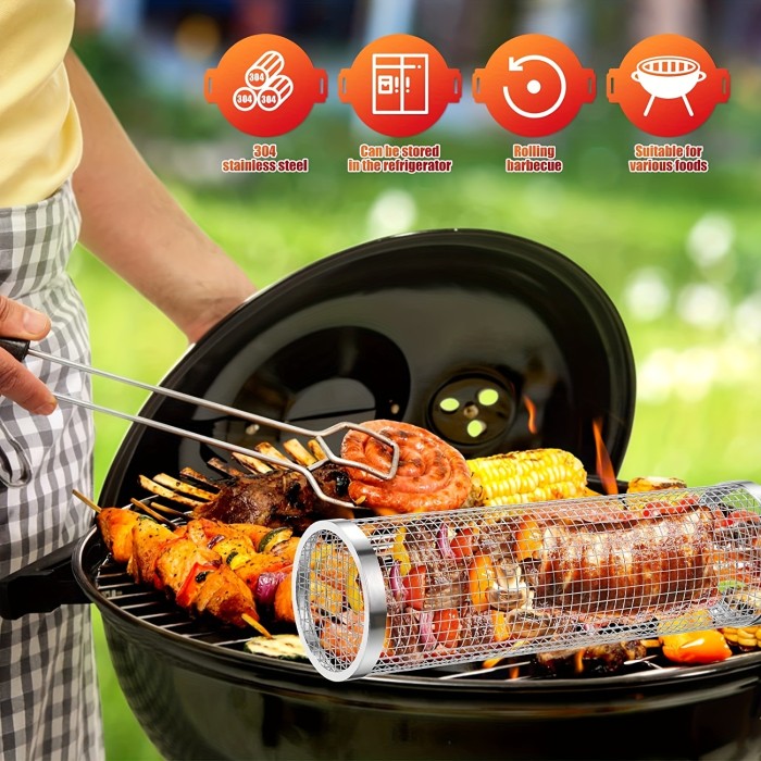 1\u002F2pcs BBQ Rolling Grill Basket, Stainless Steel Grilled Cage, Round BBQ Grill Mesh For Vegetable Fries Fish, Portable Barbecue Cooking Grill Net, Grilling Baskets For Outdoor Grilling, Outdoor Camping Grilling Rack, Camping Picnic Cookware