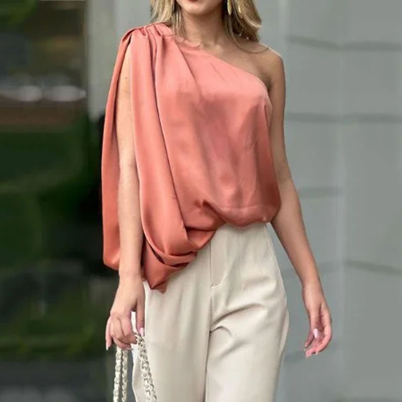 Casual Solid Color Sleeveless One Shoulder Top Loose Wide Leg Pants Two-piece Outfits