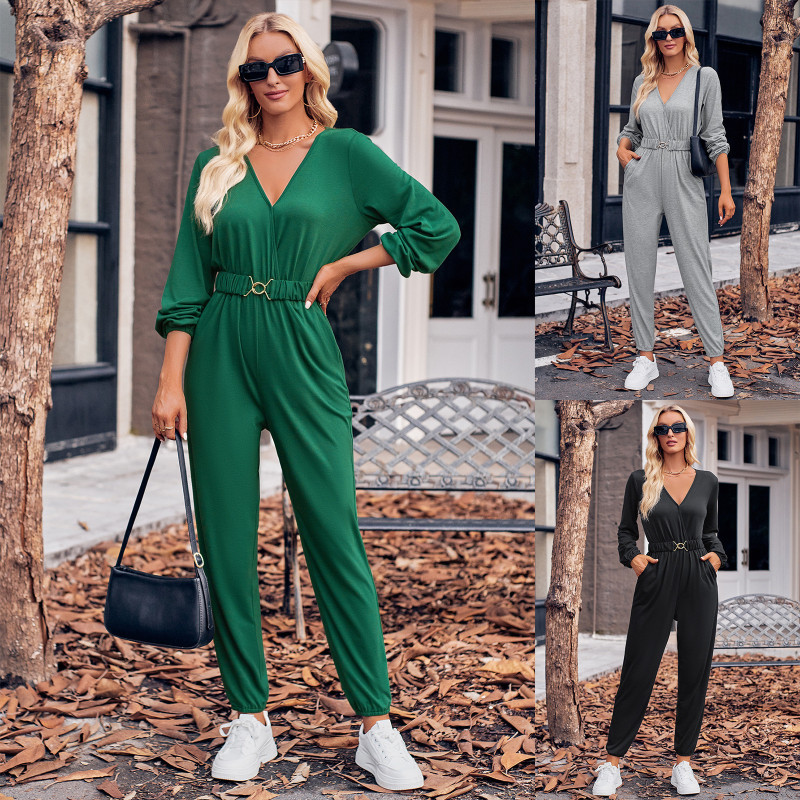 New Women's Casual V-neck Long-sleeve Waistband Tie-up Jumpsuit