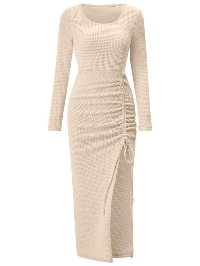 Stylish New Women's Casual Split Drawstring Long Sleeve Maxi Dress