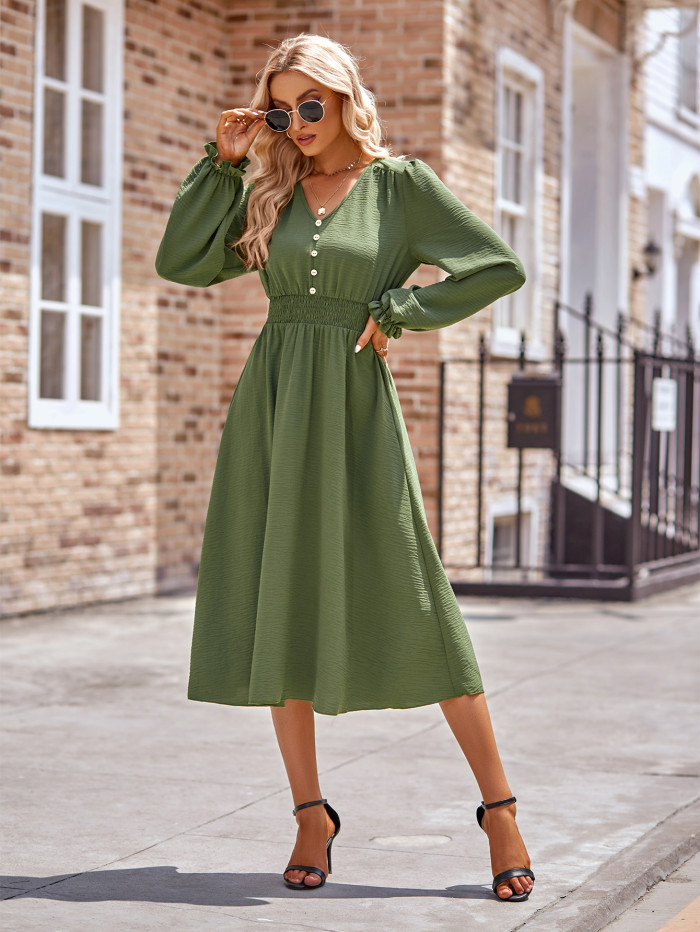 New Women's V-neck Solid Midi Dress