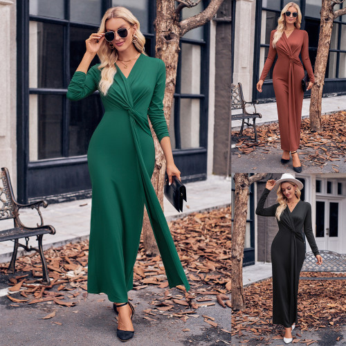 Women's V-neck Solid Color Cinched-waist Long-sleeved Maxi Dress