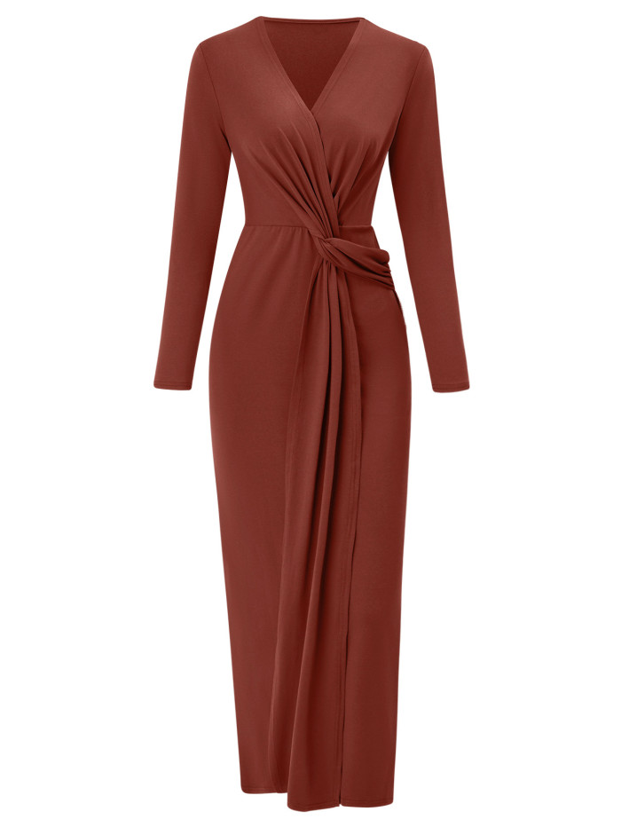 Women's V-neck Solid Color Cinched-waist Long-sleeved Maxi Dress