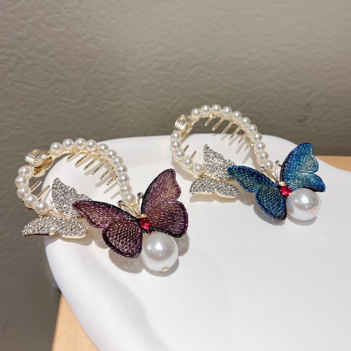 Butterfly Hair Clips Hanging Beads High Pill Head Pearl Hair Claws Women Elegant Hairpins Ponytail Buckle Hair Accessories