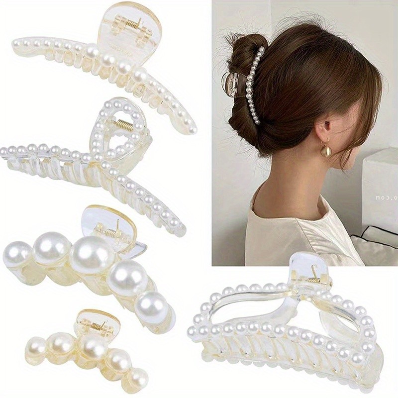 5pcs Faux Pearl Hair Claw Clip Elegant Non-Slip Strong Hold Grip Hair Jaw Clip For Thick Hair Accessories