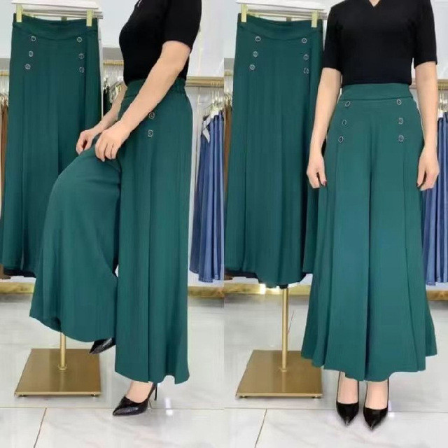 Women Elastic Waist Button Oversized Loose Cool and Slim Stylish Pleated Wide-leg Pants
