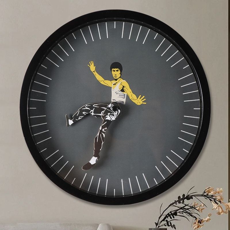 Kung Fu Wall Clock Chinese Bruce Lee Personality Style Creative Round Clock Home Decorations Kung Fu Clock Diameter 25CM