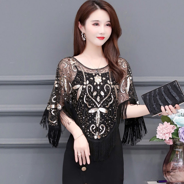 Women's Pullover Loose  Summer Shawl Tassel Top Lace Cloak Sequin Sunscreen Girls Wear Hollow Out Versatile Outdoor Blue