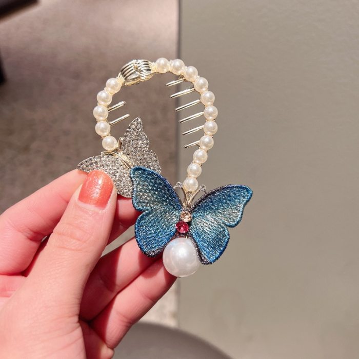 Butterfly Hair Clips Hanging Beads High Pill Head Pearl Hair Claws Women Elegant Hairpins Ponytail Buckle Hair Accessories