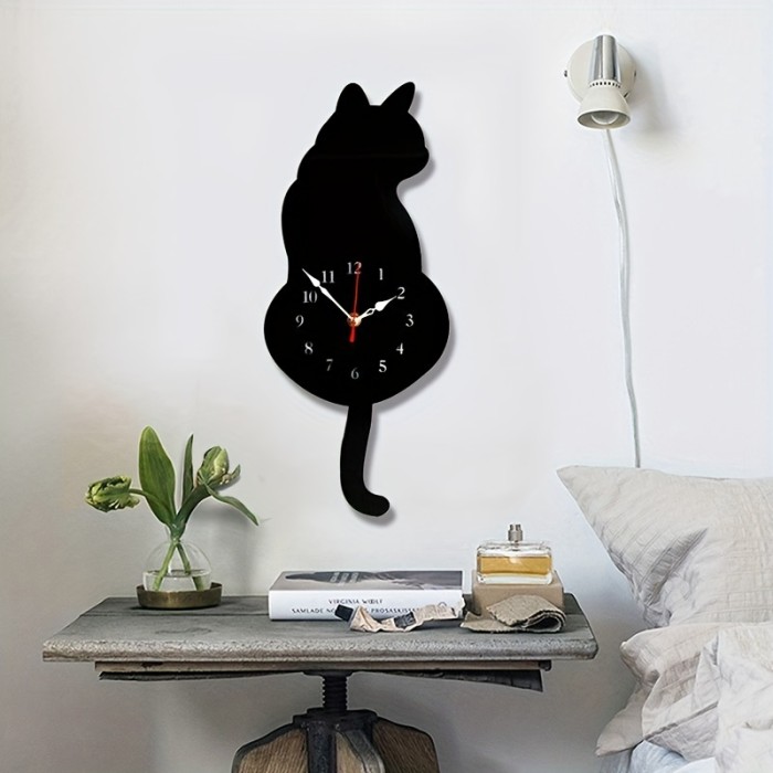 1pc Black Cat Pendulum Wall Clock, Cat Clock, Cat Clock With Moving Tail,  Living Room Office Café Bedroom, Gift For Black Cat Lovers