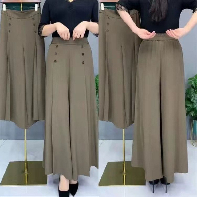 Women Elastic Waist Button Oversized Loose Cool and Slim Stylish Pleated Wide-leg Pants