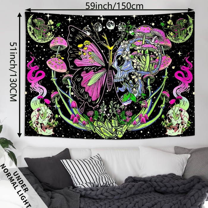 1pc Skull Butterfly Mushroom Fluorescent Tapestry For Living Room Bedroom Dorm Home Decor Easy to Hang