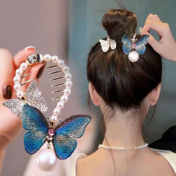Retro Style Embroidery Butterfly Hair Comb Hair Clip Beaded Headdress Faux Pearl Rhinestone Headdress For Women Girls