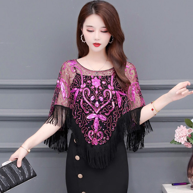 Women's Pullover Loose  Summer Shawl Tassel Top Lace Cloak Sequin Sunscreen Girls Wear Hollow Out Versatile Outdoor Blue