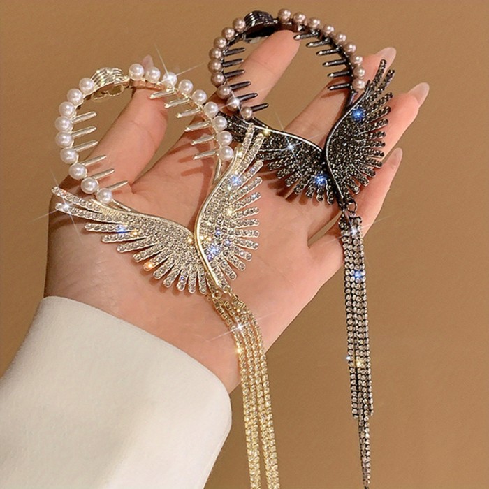 Elegant Flash Artificial Diamond Butterfly Wings Tassel Hair Clip Temperament Ponytail Buckle Clip Zinc Alloy Headwear