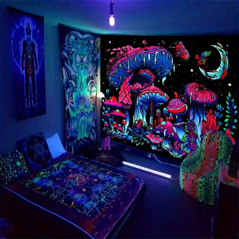 1pc Blacklight Mushroom Tapestry Wall Hanging For Party Background Wall Decor Home Decor