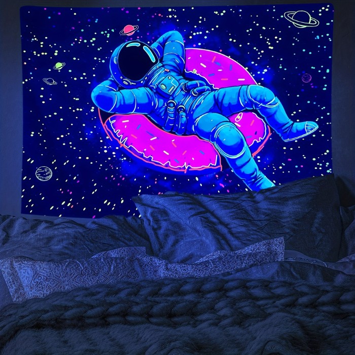 1pc Astronaut Donut Fluorescent Tapestry, Peach Skin Velvet Tapestry, UV Black Light Tapestry Wall Hanging For Living Room Bedroom Dorm Room Home Decor, With Free Accessories Easy To Hang