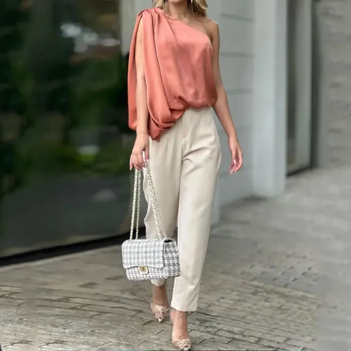 Casual Solid Color Sleeveless One Shoulder Top Loose Wide Leg Pants Two-piece Outfits