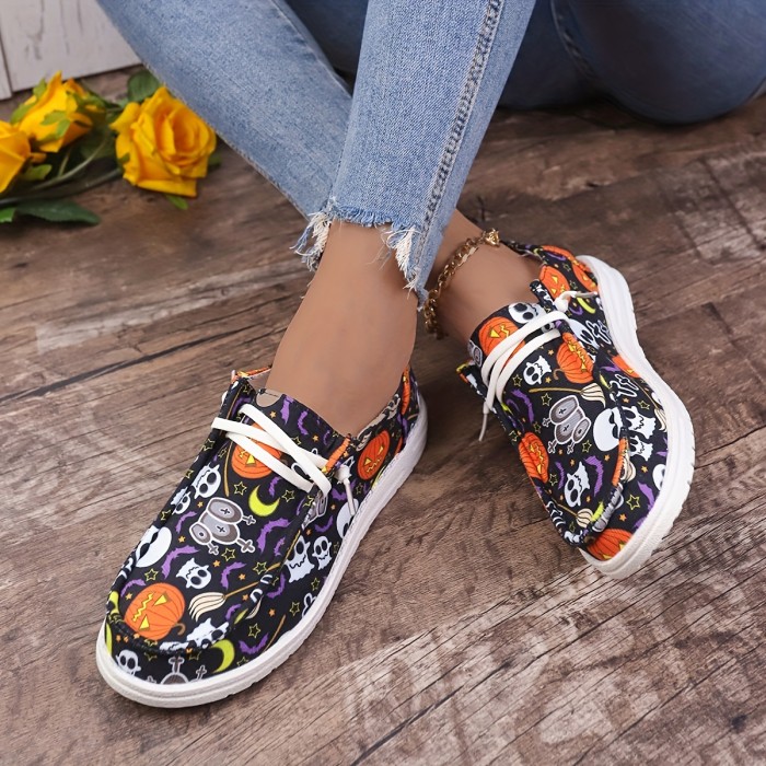 Women's Halloween Horror Style Pumpkins & Ghost & Bat Pattern Skateboard Shoes, Non-slip Flat Shoes With Soft Bottom, Lightweight Lace Up Outdoor Shoes