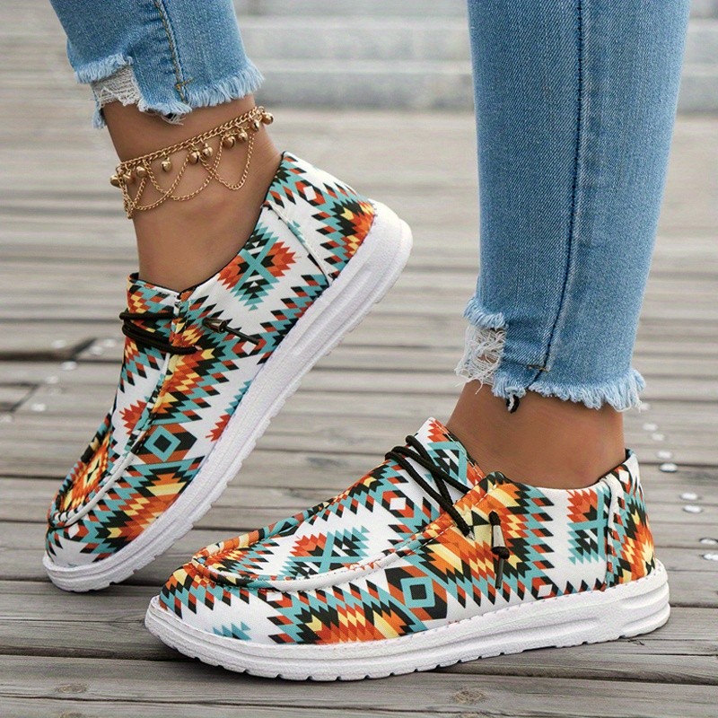 Women's Aztec Art Pattern Boat Shoes: Lightweight, Round Toe, Lace Up Flat Shoes for Comfortable Walking