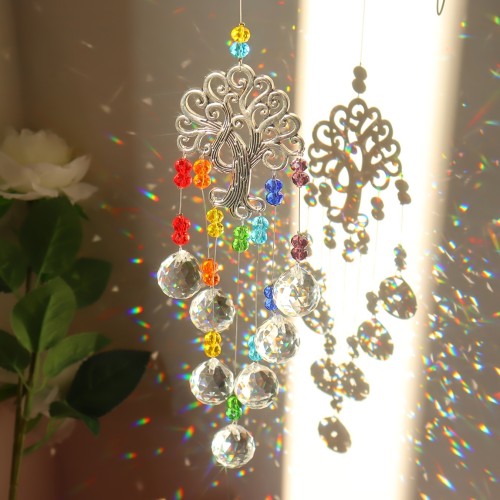 1pc Crystal Ball Prisms Sun Catcher Tree Of Life Window Hanging Ornament Rainbow Maker Pendant Ornament For Home Garden Decoration Wedding