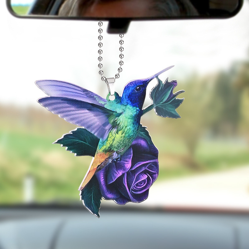 Hummingbirds On Purple Roses Car Rear View Mirror Accessories Car Ornament Hanging Charm Interior Rearview Pendant Decor