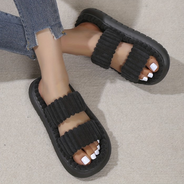 Women's Double Straps Plush Slippers, Solid Color Open Toe Non Slip Comfy Slides Shoes, Fashion Indoor Platform Slippers