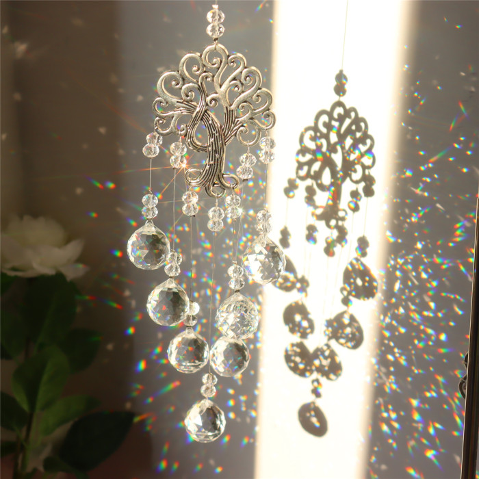 1pc Crystal Ball Prisms Sun Catcher Tree Of Life Window Hanging Ornament Rainbow Maker Pendant Ornament For Home Garden Decoration Wedding