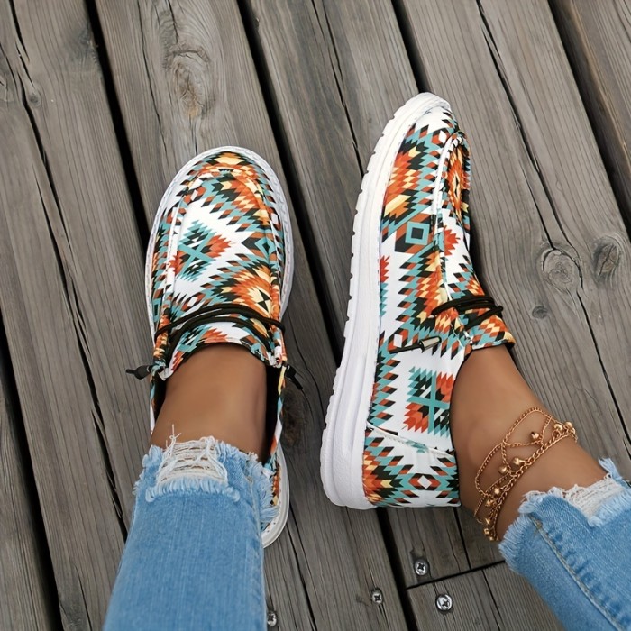 Women's Aztec Art Pattern Boat Shoes: Lightweight, Round Toe, Lace Up Flat Shoes for Comfortable Walking