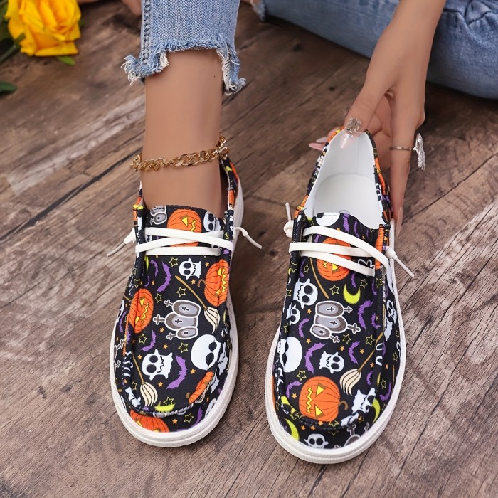 Women's Halloween Horror Style Pumpkins & Ghost & Bat Pattern Skateboard Shoes, Non-slip Flat Shoes With Soft Bottom, Lightweight Lace Up Outdoor Shoes
