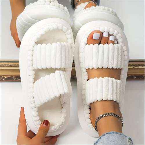 Women's Double Straps Plush Slippers, Solid Color Open Toe Non Slip Comfy Slides Shoes, Fashion Indoor Platform Slippers