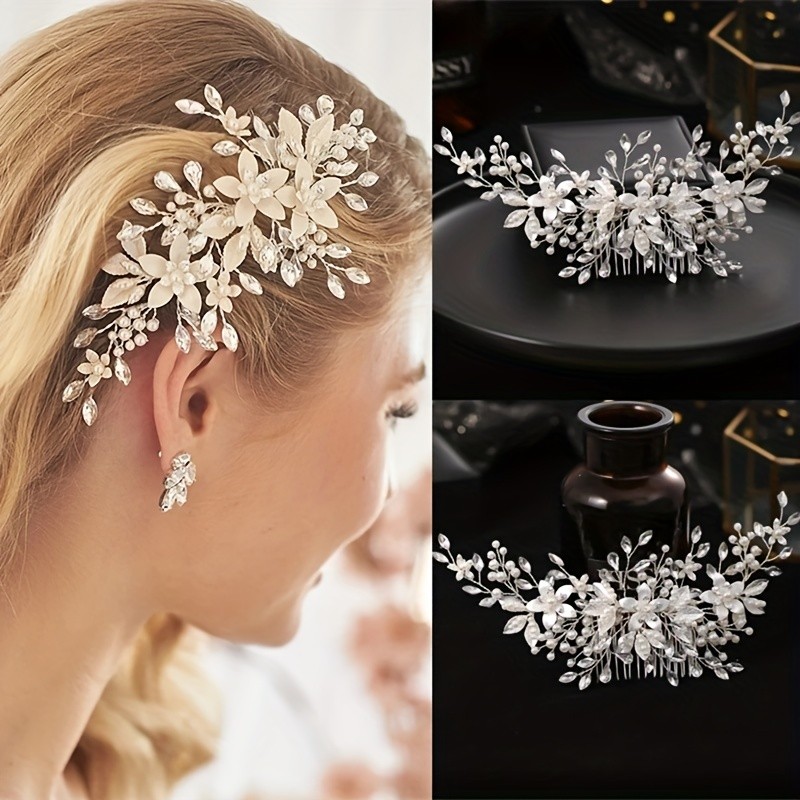 Crystal Silver Pearl Bridal Comb, Floral Wedding Crystal Rhinestone Pearl Comb, Silver Wedding Bridal Hair Comb, Floral Pearl Hair Comb