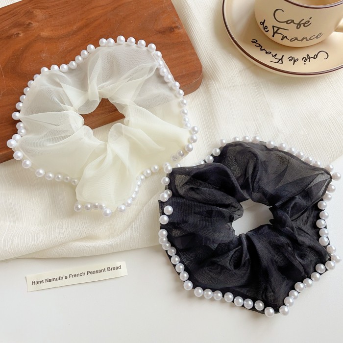 Organza Scrunchies Faux Pearl Brimmed Hair Tie Simple Style Hair Rope Elegant Hair Rope Ponytail Holder Hair Tie Women Girls Hair Accessories