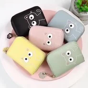 Kawaii Multi-card Slot Card Holder, Cute Cat Embroidered Coin Purse, Mini Zipper Short Wallet With Pendant (4.3*1.2*3)inch