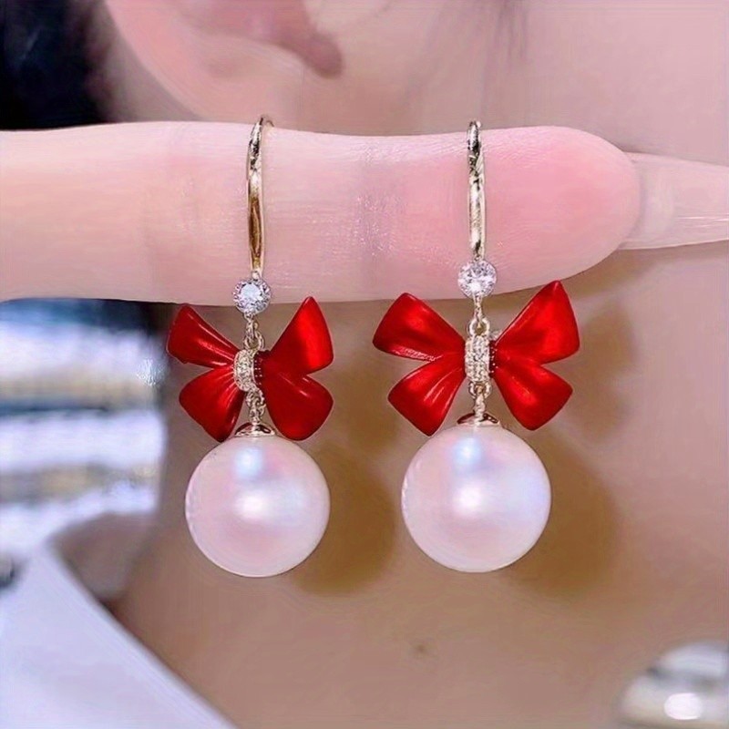 Red Bow & Faux Pearl Drop Earrings Elegant Sweet Cute Dangle Earrings Ideal Gift For Girls Women Friend