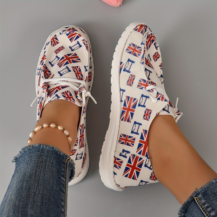 Women's Flag Pattern Boat Shoes: Lightweight Lace Up Flats for Comfortable Walking