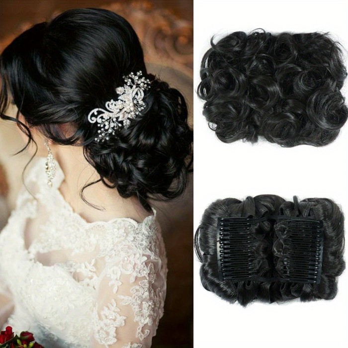 Synthetic Bride Messy Curly Hair Bun With Comb Clips In Chignon Hairpiece Updo Cover Hair Ponytail Extension Hair Piece For Women Girls