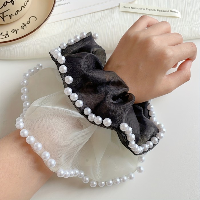 Organza Scrunchies Faux Pearl Brimmed Hair Tie Simple Style Hair Rope Elegant Hair Rope Ponytail Holder Hair Tie Women Girls Hair Accessories