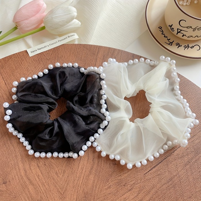 Organza Scrunchies Faux Pearl Brimmed Hair Tie Simple Style Hair Rope Elegant Hair Rope Ponytail Holder Hair Tie Women Girls Hair Accessories