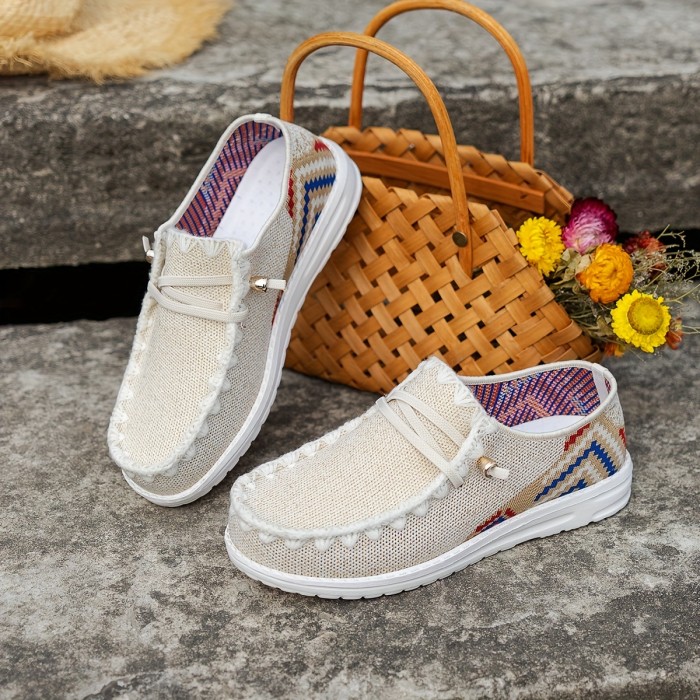 Women's Aztec Art Pattern Boat Shoes, Lace Up Slip On Lace Flat Shoes, Non Slip Outdoor Walking Shoes